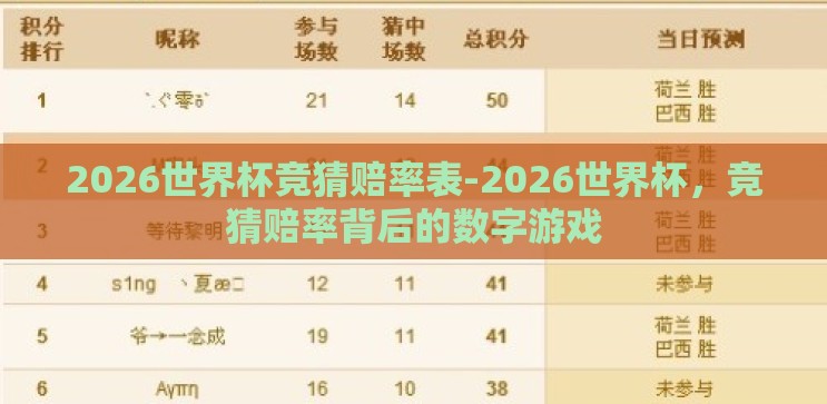 2026世界杯竞猜赔率表-2026世界杯,竞猜赔率背后的数字游戏 2026世界杯竞猜赔率表-2026世界杯,竞猜赔率背后的数字游戏