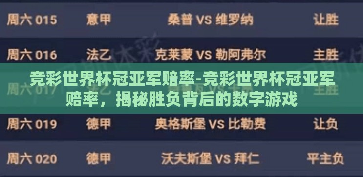 竞彩世界杯冠亚军赔率-竞彩世界杯冠亚军赔率，揭秘胜负背后的数字游戏